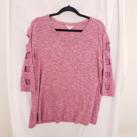 Terra & Sky Tops - Terra & Sky Pink 3/4 Unique Sleeves Beaded V Neck Blouse Plus Size 0X (14w)